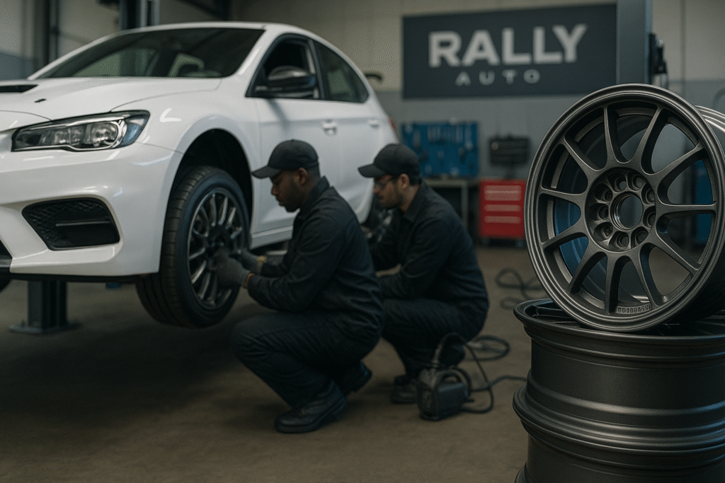 Forged wheels being installed on a rally car in a tuning shop