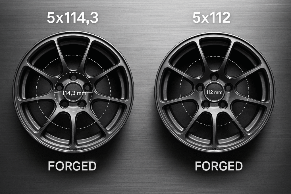 Top view showing difference between 5x114.3 and 5x112 bolt patterns on forged wheels