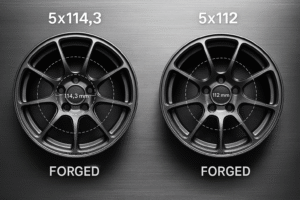 Top view showing difference between 5x114.3 and 5x112 bolt patterns on forged wheels