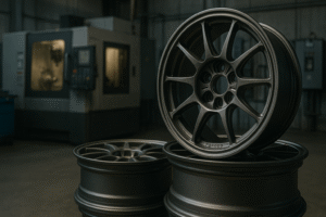 Forged rally wheels in a CNC machining workshop