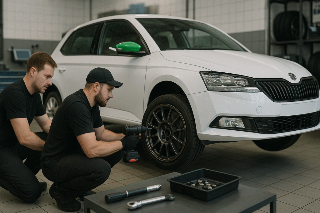 Forged rally wheels being installed in a Bulgarian garage