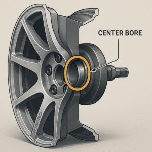 Forged wheel mounted on hub showing center bore fitment