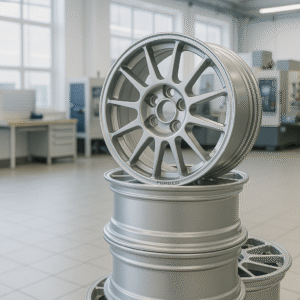 Forged rally wheels ready for delivery in factory showroom