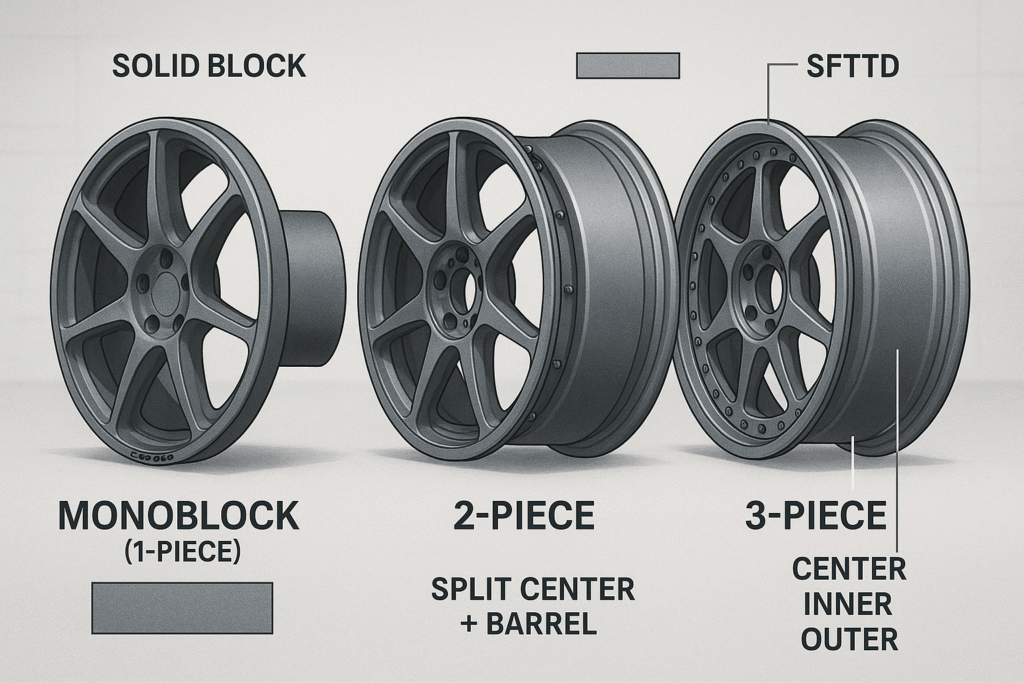 Comparison between 1-piece, 2-piece, and 3-piece forged wheels showing construction differences