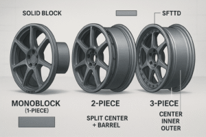 Comparison between 1-piece, 2-piece, and 3-piece forged wheels showing construction differences