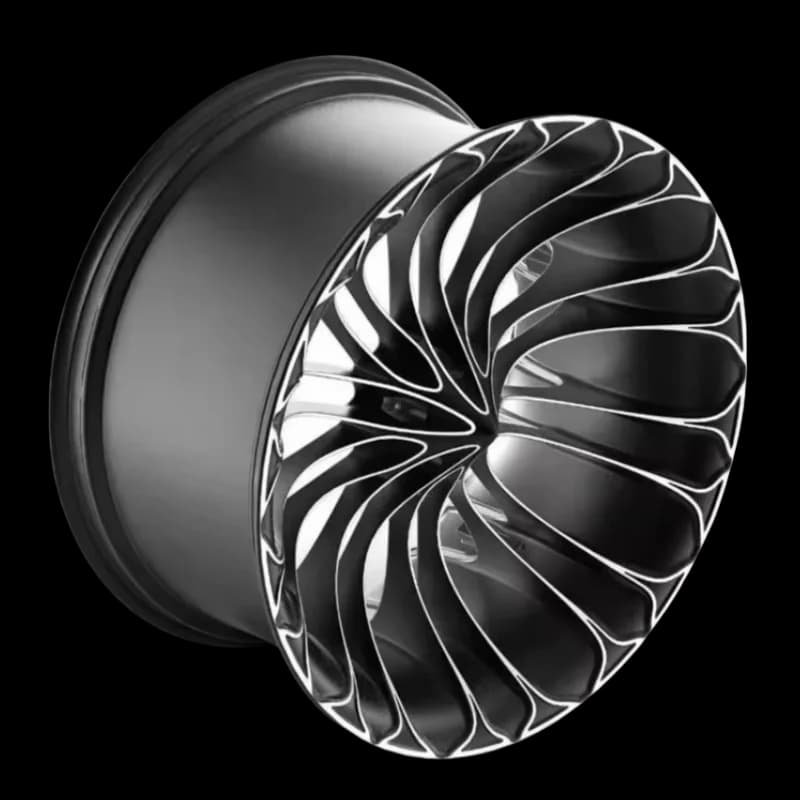 Custom Harley-Davidson forged wheel with turbine-style twisted spokes in polished finish