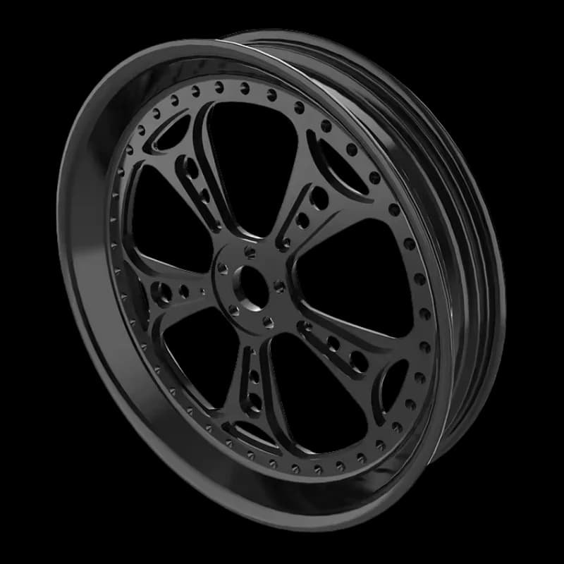 Black forged racing-style motorcycle wheel for Harley-Davidson with lightweight drill pattern