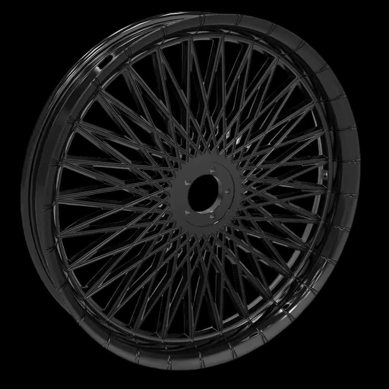 Black forged spoked motorcycle wheel for Harley-Davidson with classic multi-spoke design