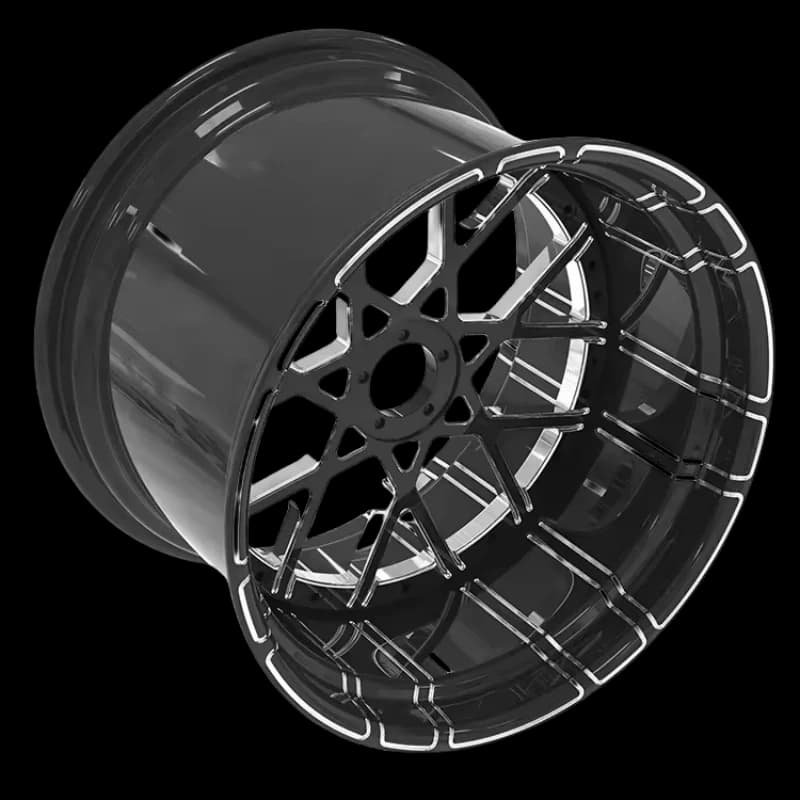 Gloss black forged wheel for Harley-Davidson with intricate mesh design and step lip barrel
