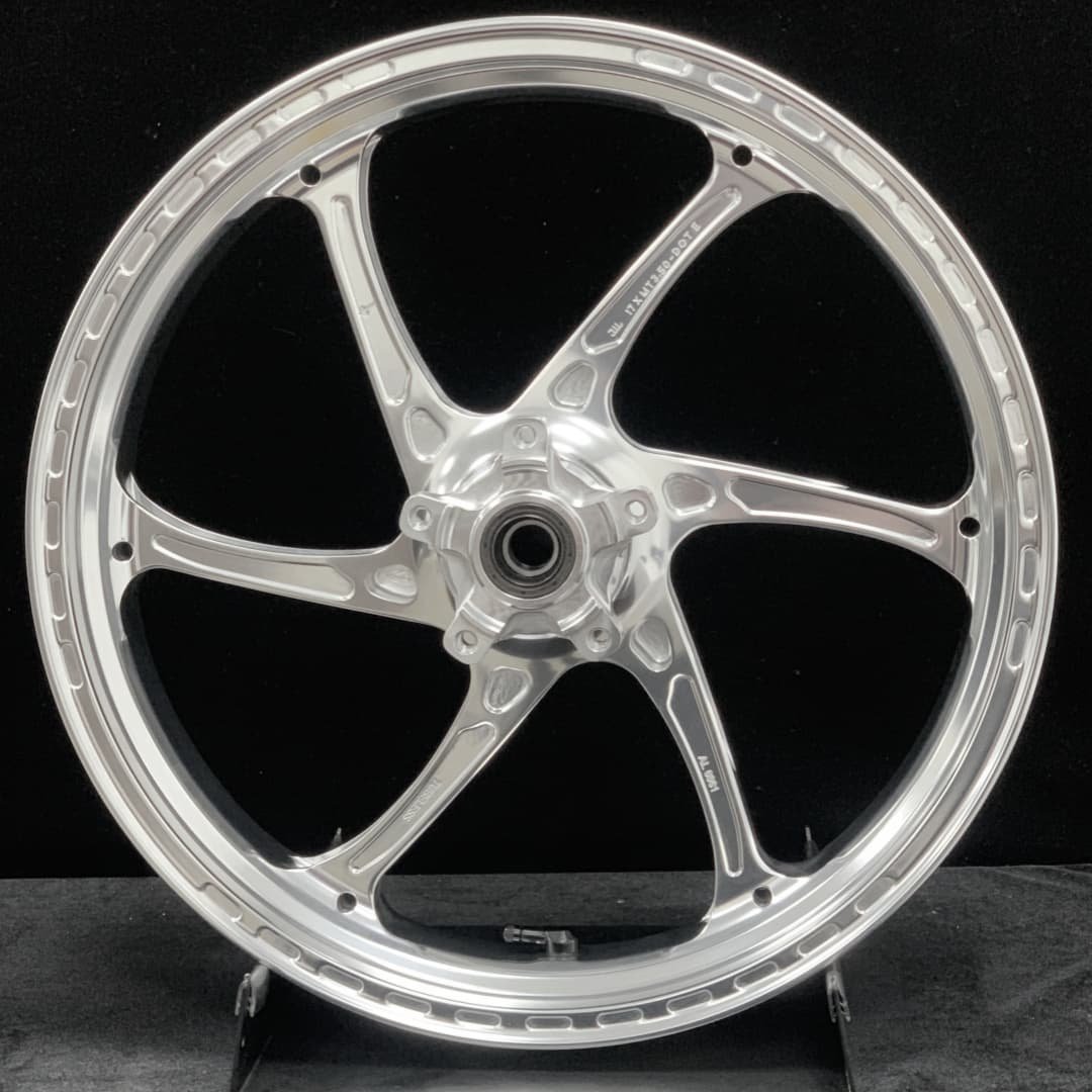 Polished forged aluminum front wheel for TRIUMPH 765RS with 6-spoke race-style design