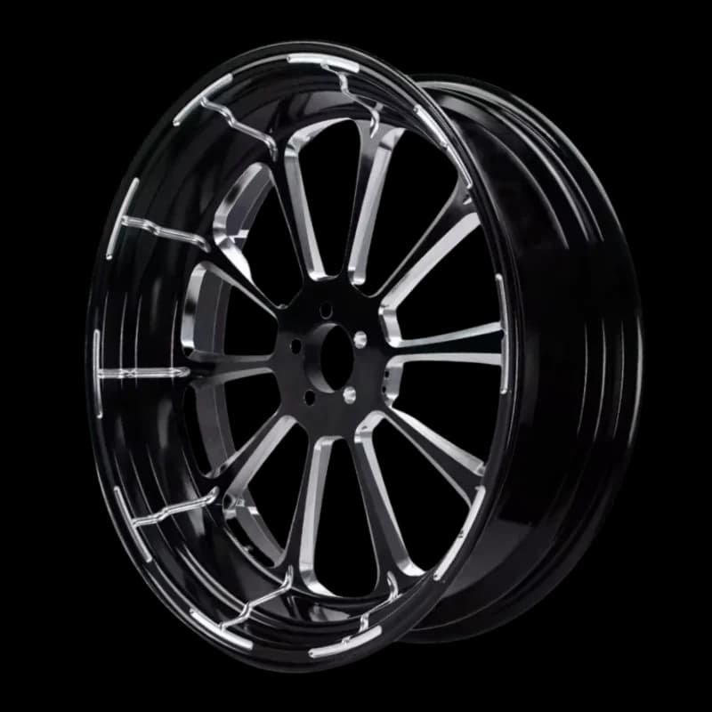 Gloss black forged Harley motorcycle wheel with detailed CNC-machined spoke and lip pattern