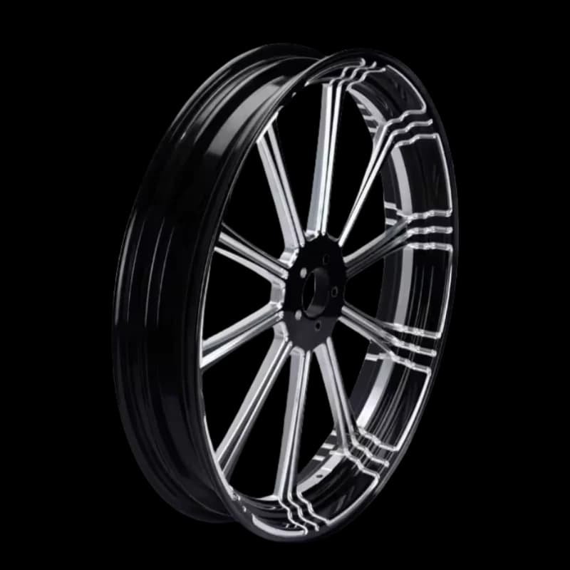 Gloss black Harley forged wheel with twin 5-spoke Y-pattern and milled highlights