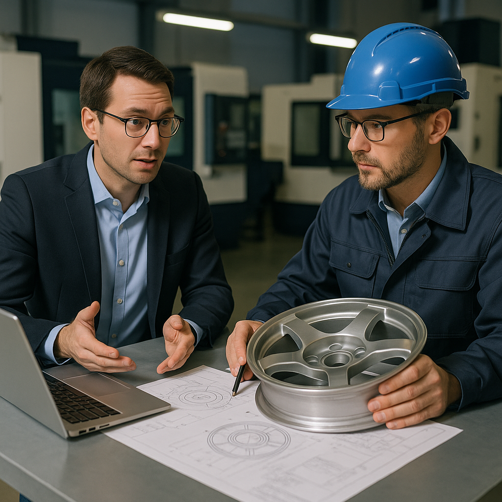 Buyer and engineer reviewing magnesium forged wheel specs