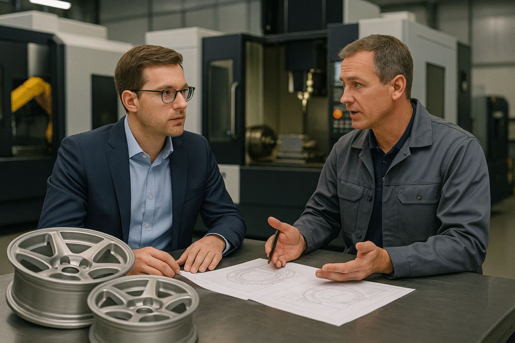 B2B buyer and supplier discussing magnesium wheel customization