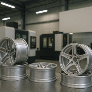CNC-forged magnesium wheels stacked in a modern factory