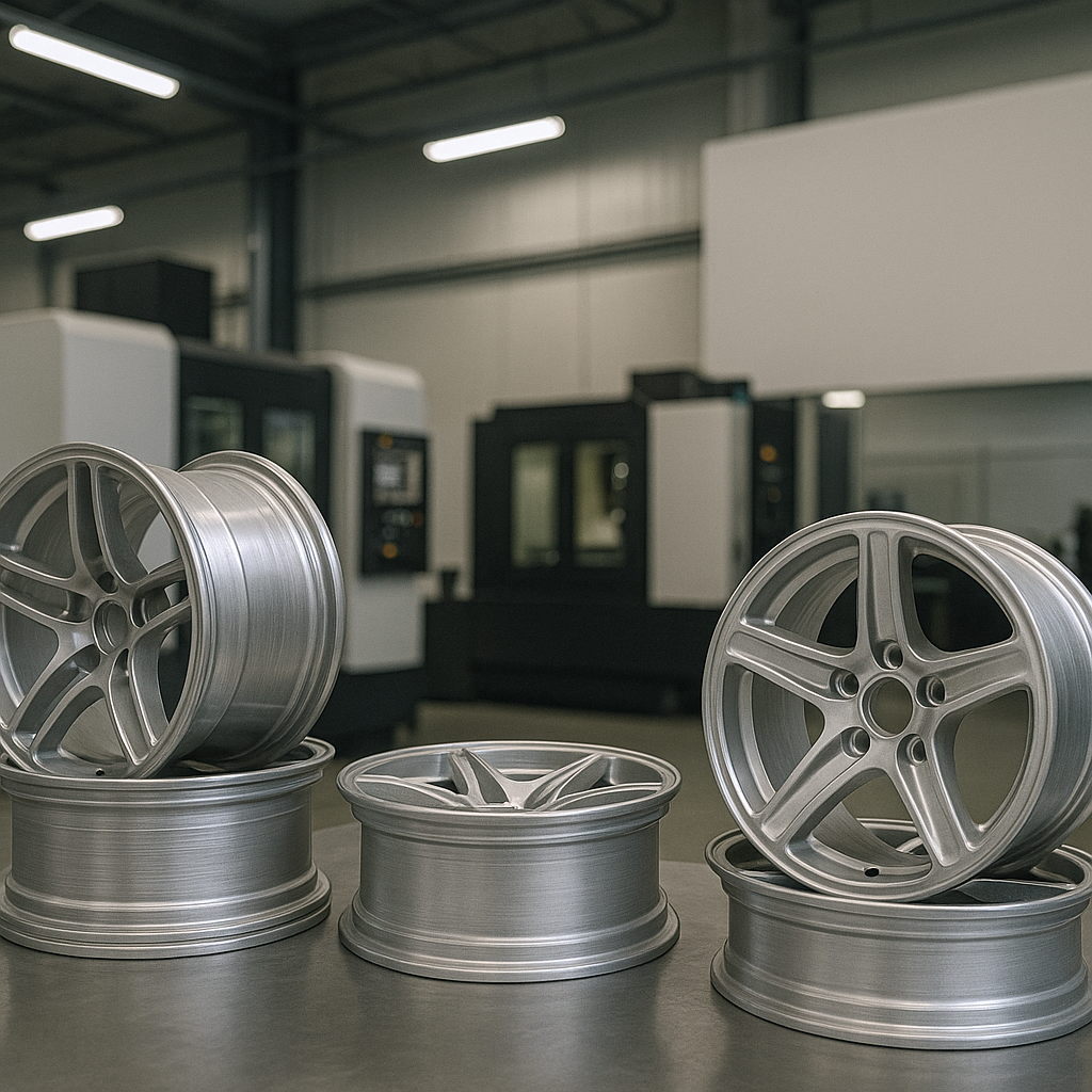 CNC-forged magnesium wheels stacked in a modern factory