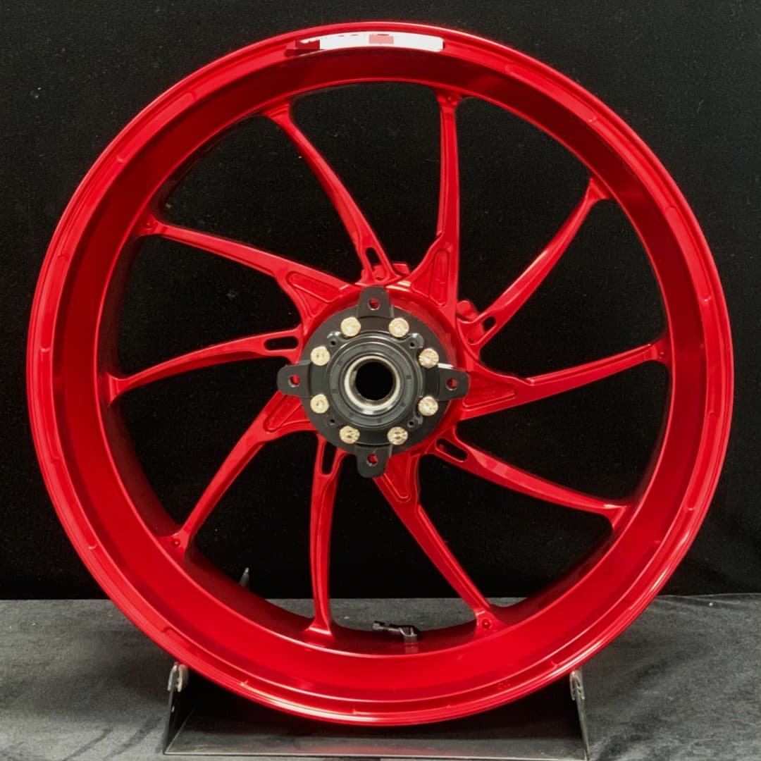 High-performance forged rear wheel with flange hub for Ducati PANIGALE V4 2025 – anodized red racing spec by FLEXI Moto Wheels