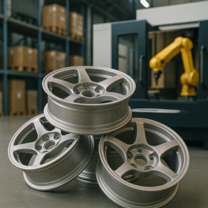 Magnesium forged wheels in a factory setting with CNC machinery