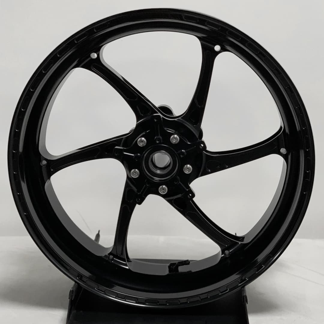 Gloss black forged front wheel for BMW R1250RT with 5-spoke performance geometry
