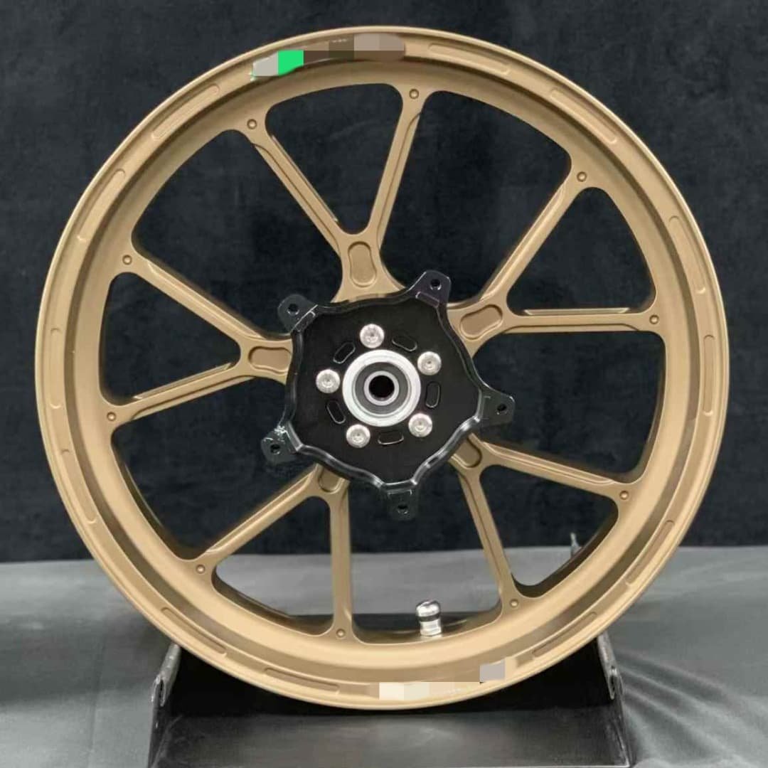 Matte bronze forged front wheel for Aprilia Tuono V4 with lightweight Y-spoke and black hub