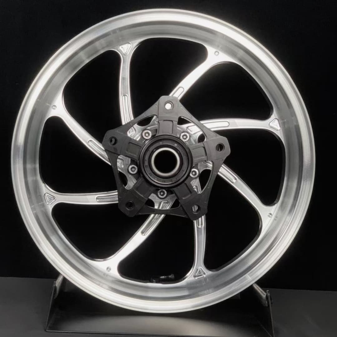 Forged aluminum front wheel for Yamaha TMAX with 6 sleek spiral spokes and CNC finish