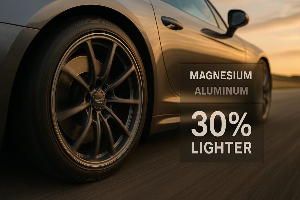 Magnesium forged wheel on a sports car with motion blur, emphasizing lightweight performance advantage over aluminum.