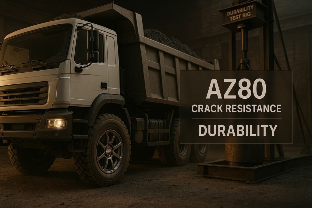 Heavy-duty truck equipped with magnesium forged wheels, showcasing strength and crack resistance.