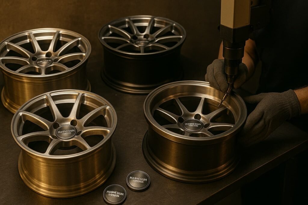 Custom magnesium forged wheels with unique finishes and engraved center caps in a workshop setting.