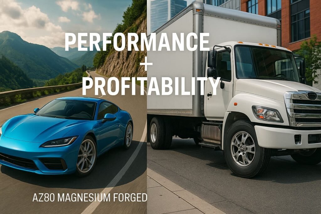 Sports car and fleet truck both using magnesium forged wheels, illustrating performance and economic benefits.