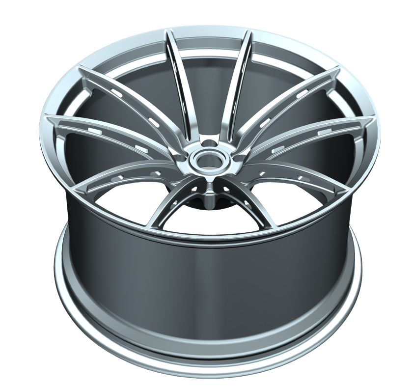 High-resolution 3D model of a concave split-spoke magnesium forged wheel, showing detailed spoke design and deep barrel profile.
