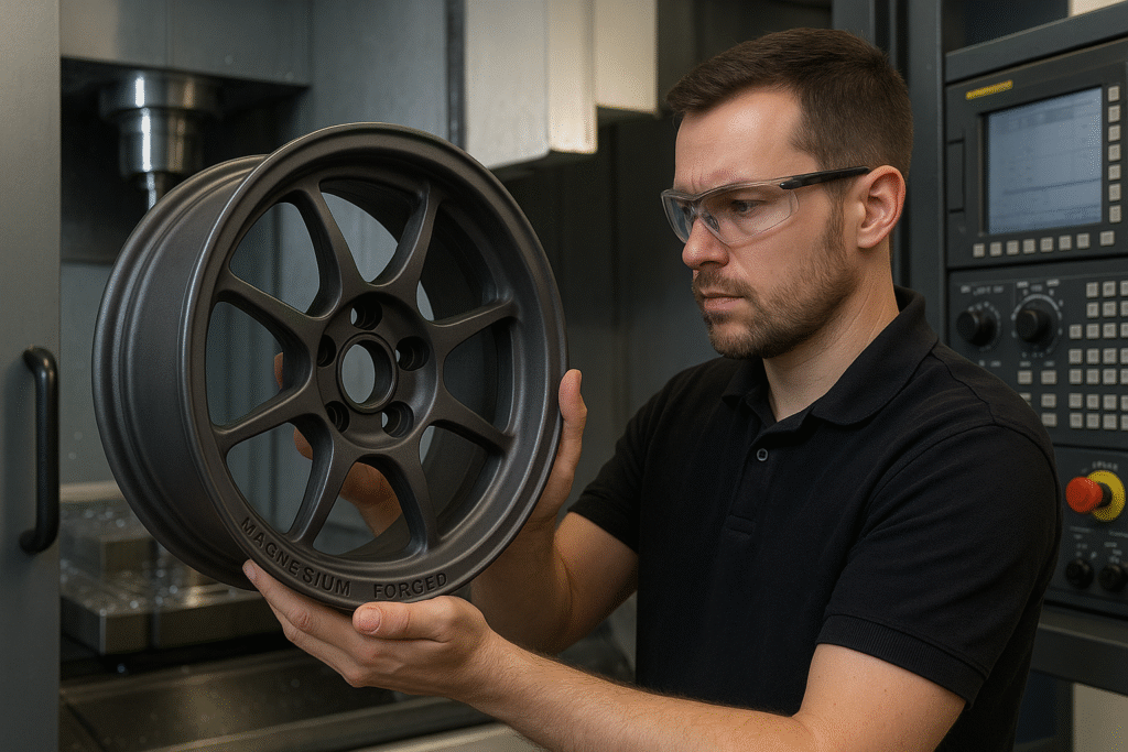 Inspection of a magnesium forged wheel in a CNC workshop.