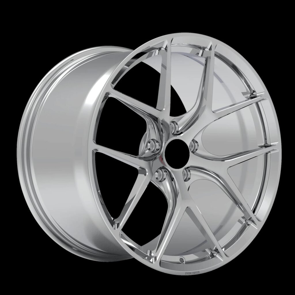 High-performance silver monoblock forged wheel with dual Y-spoke split design and polished finish, ideal for sports sedans and coupes