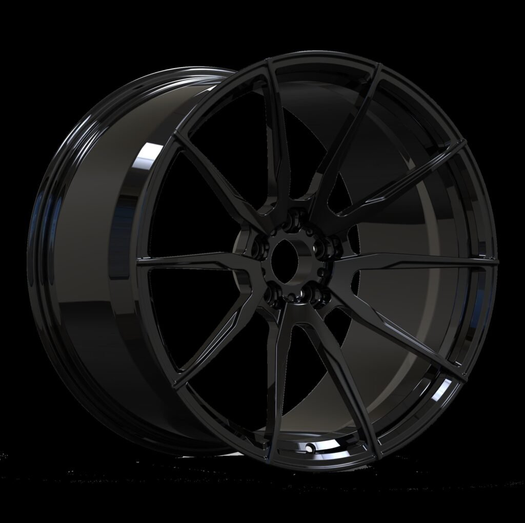 Gloss black monoblock forged wheel with aggressive split-spoke layout for high-performance and tuning cars