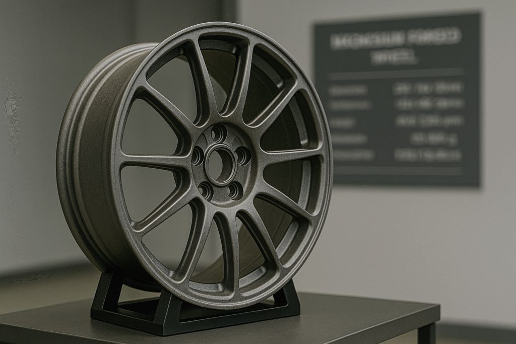 Close-up magnesium forged wheel for performance and racing applications.