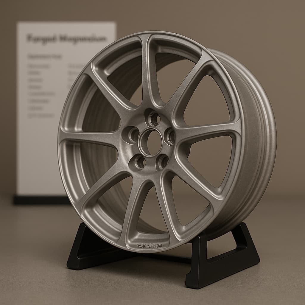 Close-up view of a magnesium forged wheel designed for performance vehicles.