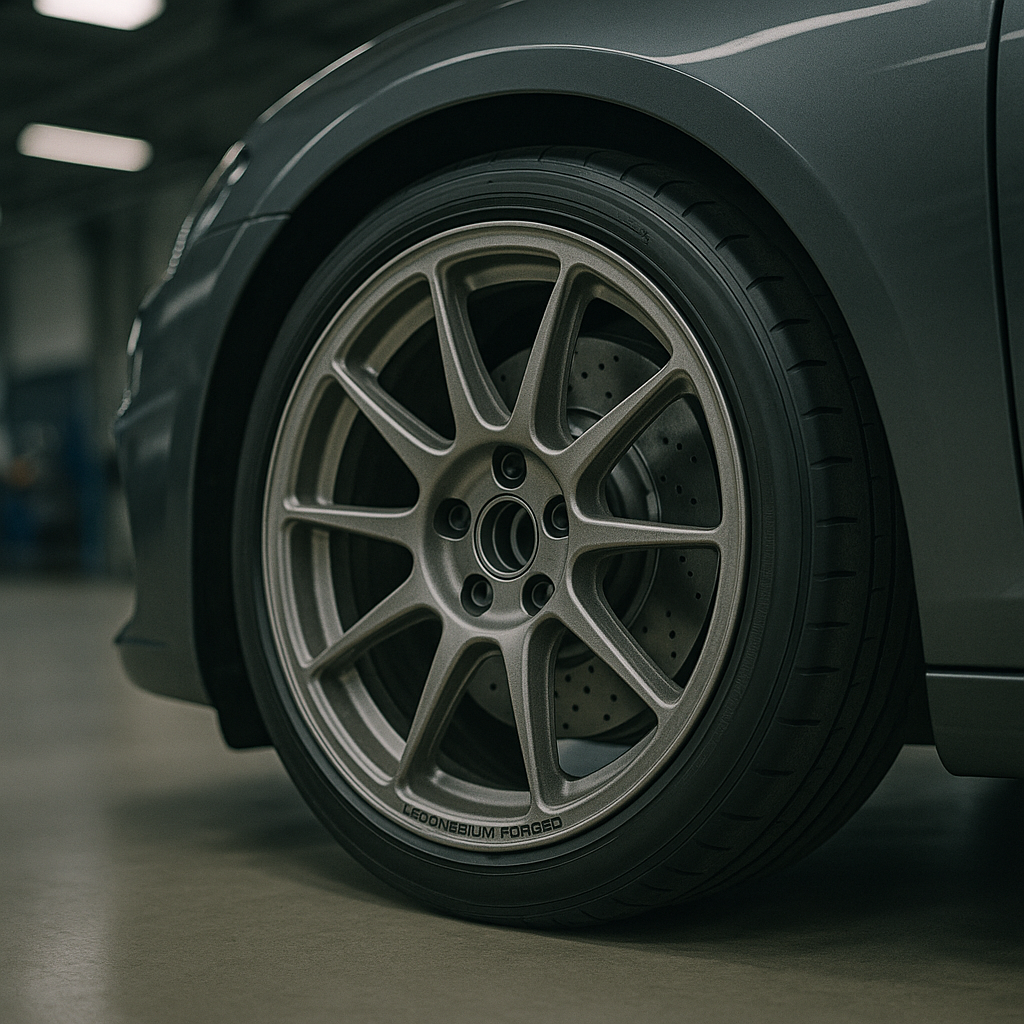 Close-up of magnesium forged wheel installed on performance vehicle in tuning workshop