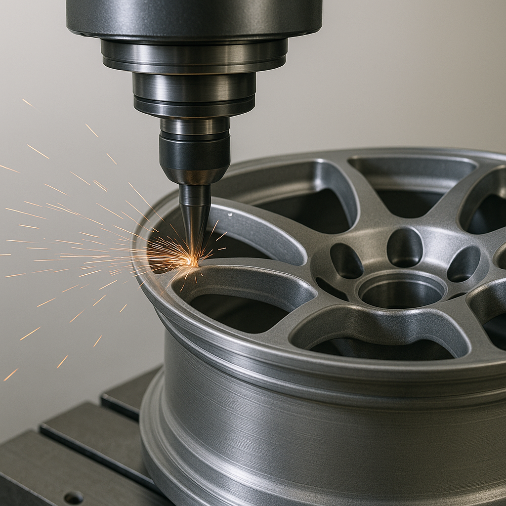 CNC machine crafting a forged rally wheel with high precision
