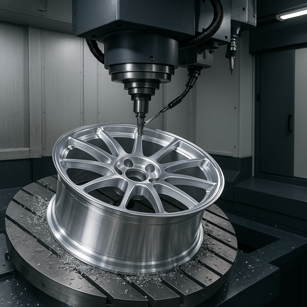 CNC machine crafting a forged wheel for motorsport use
