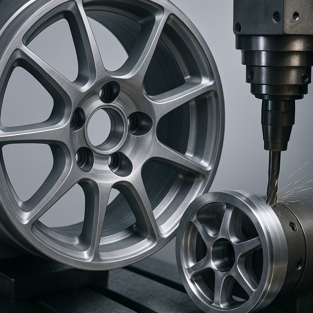 CNC machine cutting a forged rally wheel in a precision engineering facility