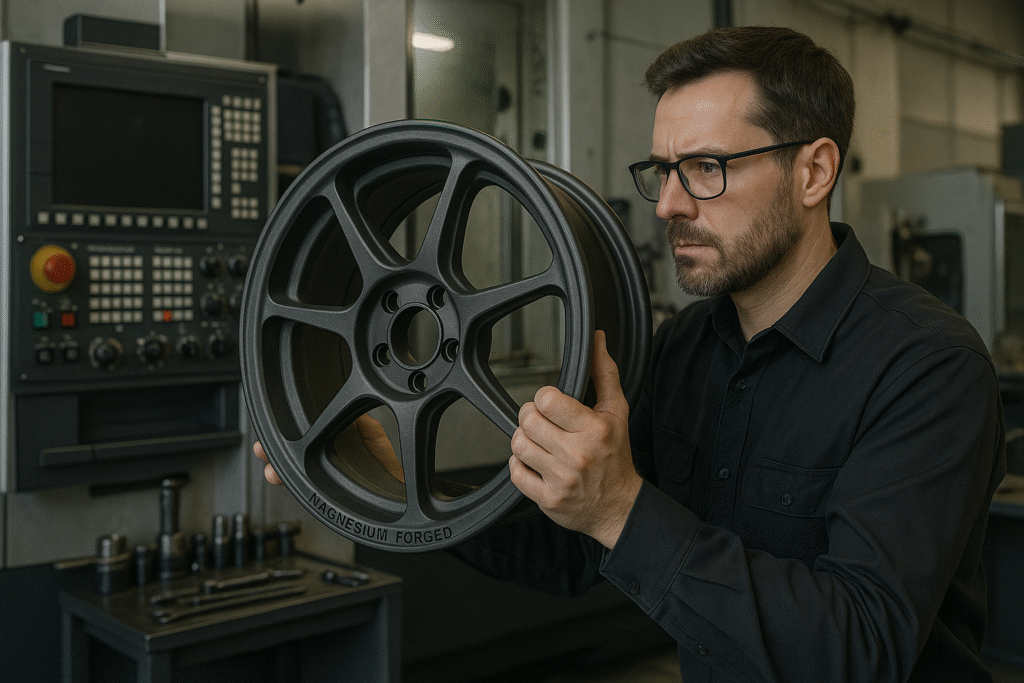 Professional inspection of a magnesium forged wheel in a CNC workshop.