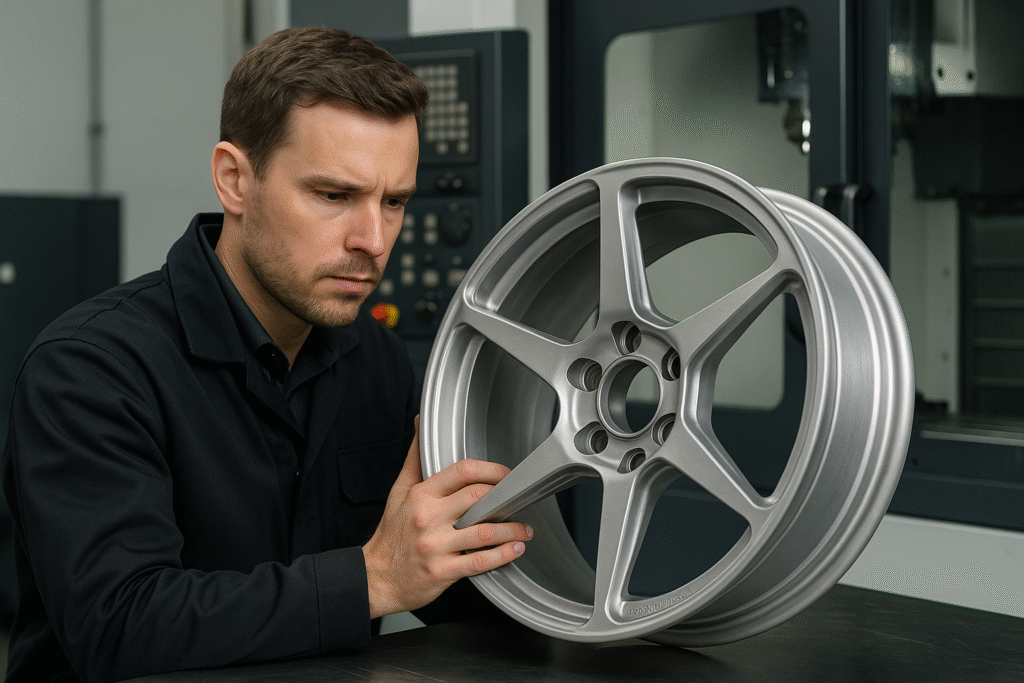 Professional inspection of a magnesium forged wheel in a CNC workshop.