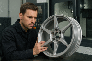 Professional inspection of a magnesium forged wheel in a CNC workshop.