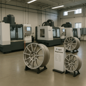 CNC machining facility producing magnesium forged wheels for B2B clients.