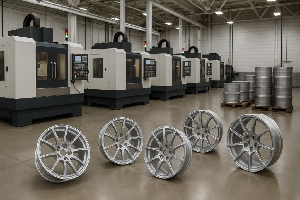Forged magnesium wheel production facility showcasing CNC machines and finished products.