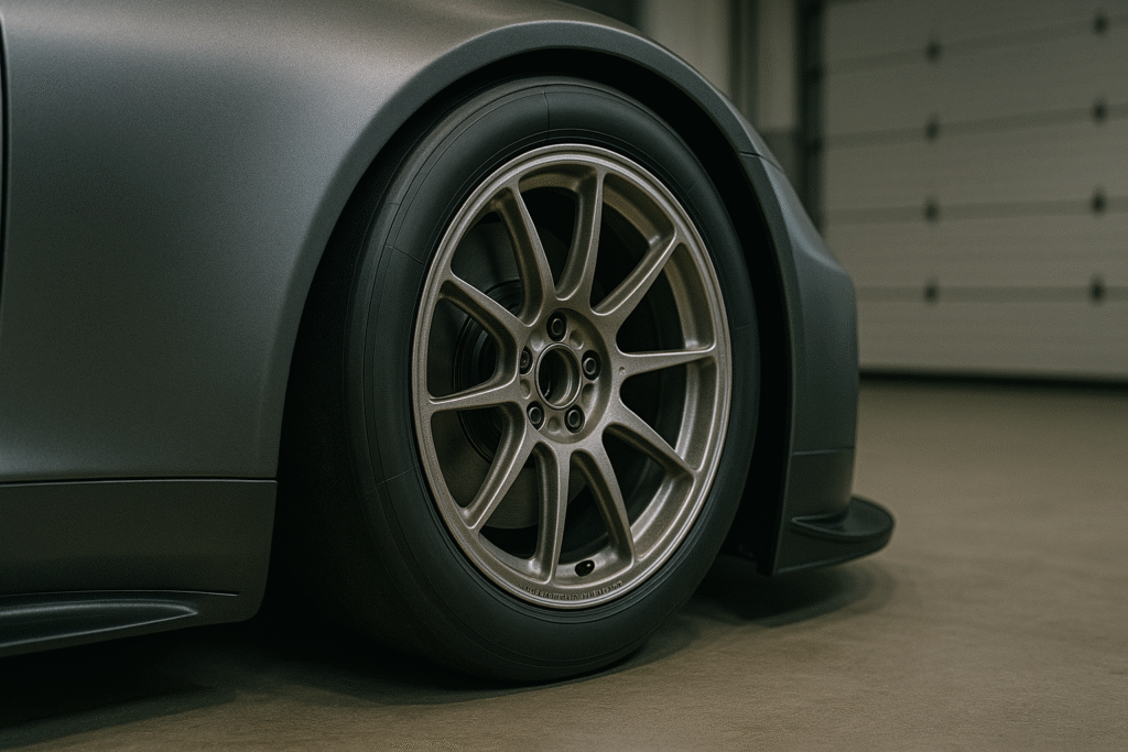 Close-up of magnesium forged wheel installed on a performance vehicle