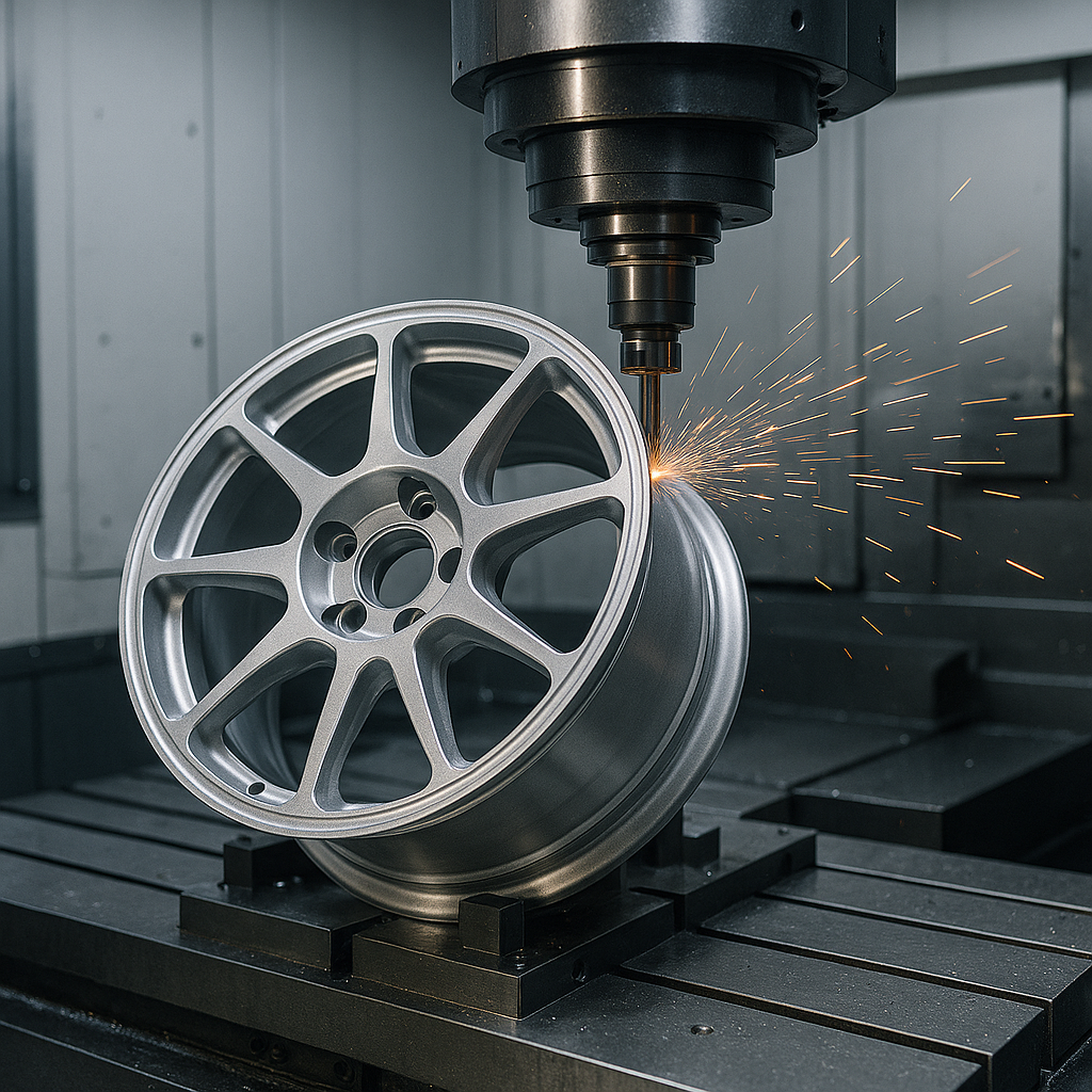 CNC machine shaping a forged rally wheel in production