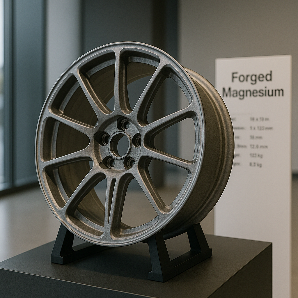 Close-up magnesium forged wheel designed for performance cars.