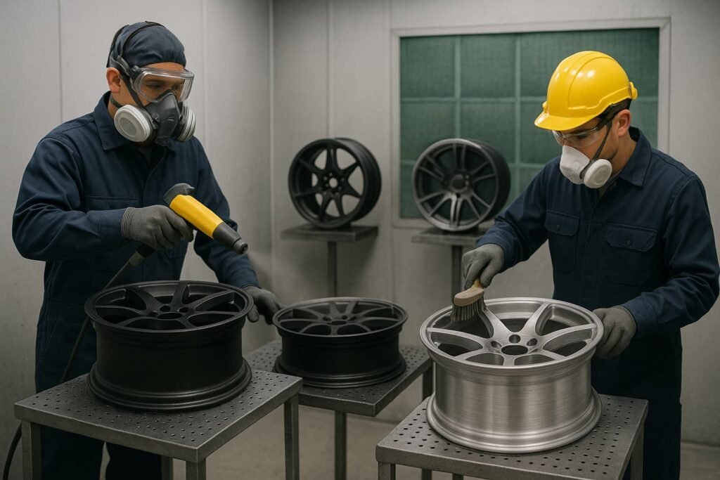 Surface finishing of custom forged wheels including powder coating and brushing at FLEXIFORGED