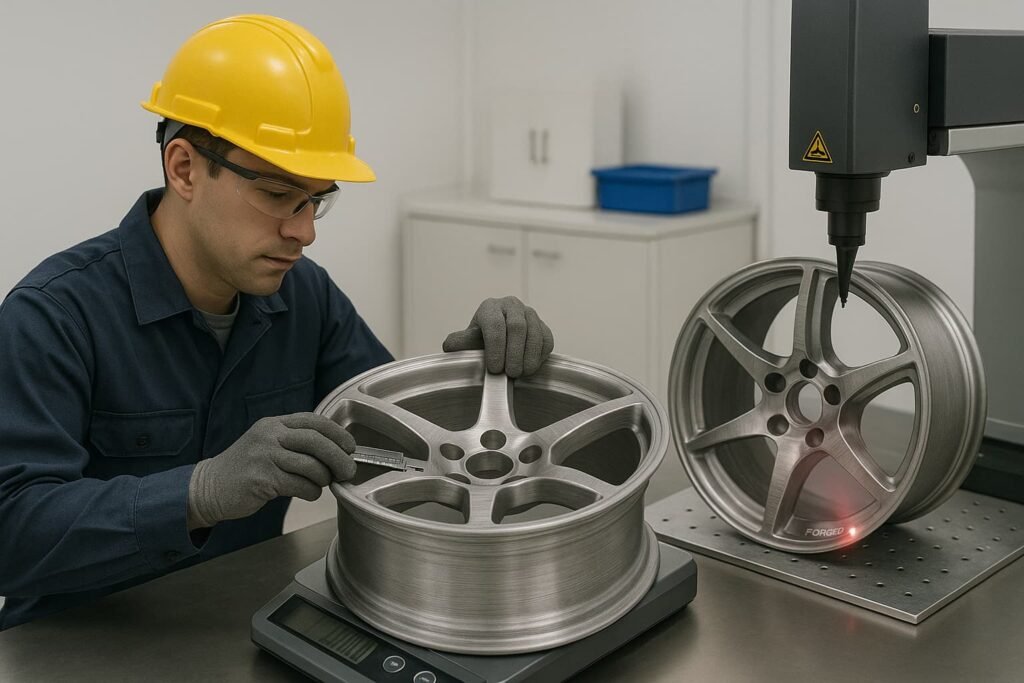 Quality control inspection and logo engraving on forged wheels at FLEXIFORGED