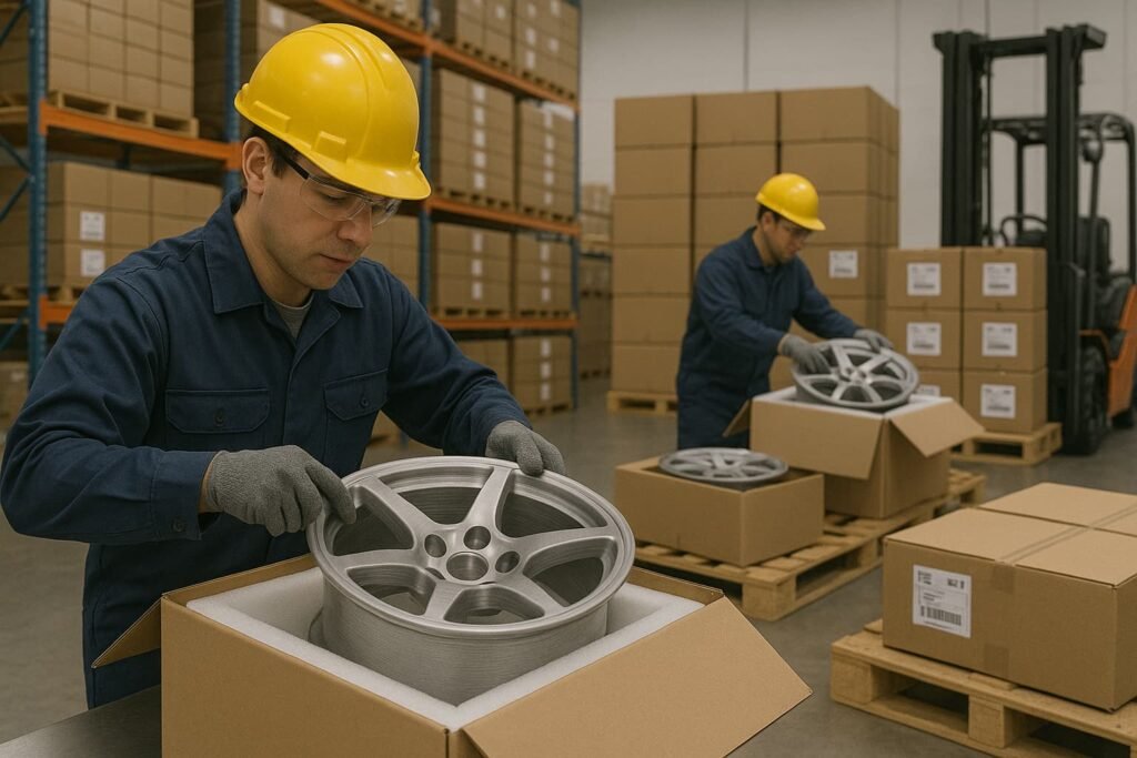 Final packaging of forged wheels in protective cartons and pallets at FLEXIFORGED factory